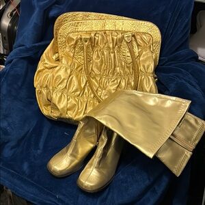 Gold Women's Zip Up knee Boots and eBISU Bag Set